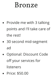 Bronze Package Podcast Sponsorship
